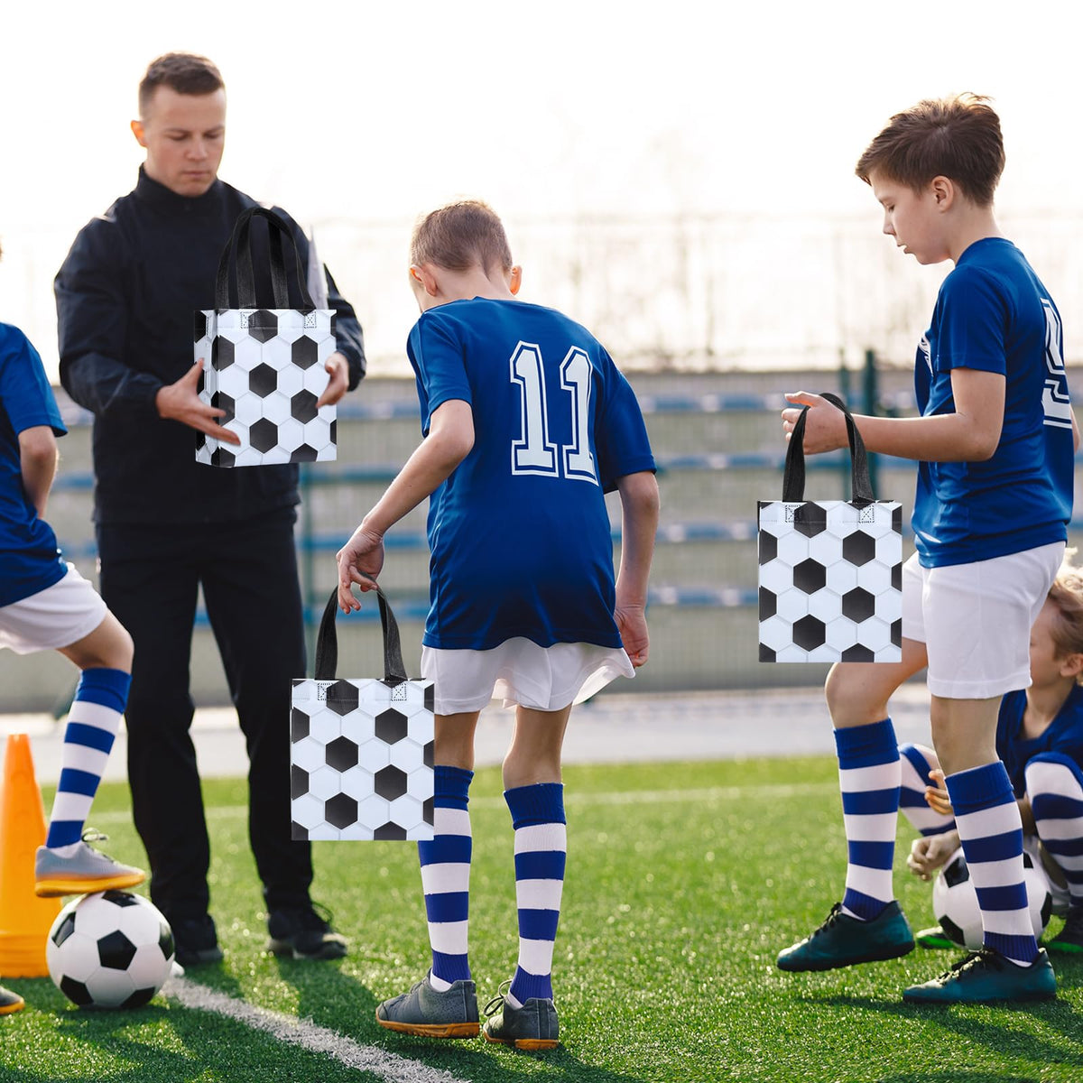 Huhumy party favor bags with soccer print ideal for kid-friendly events.