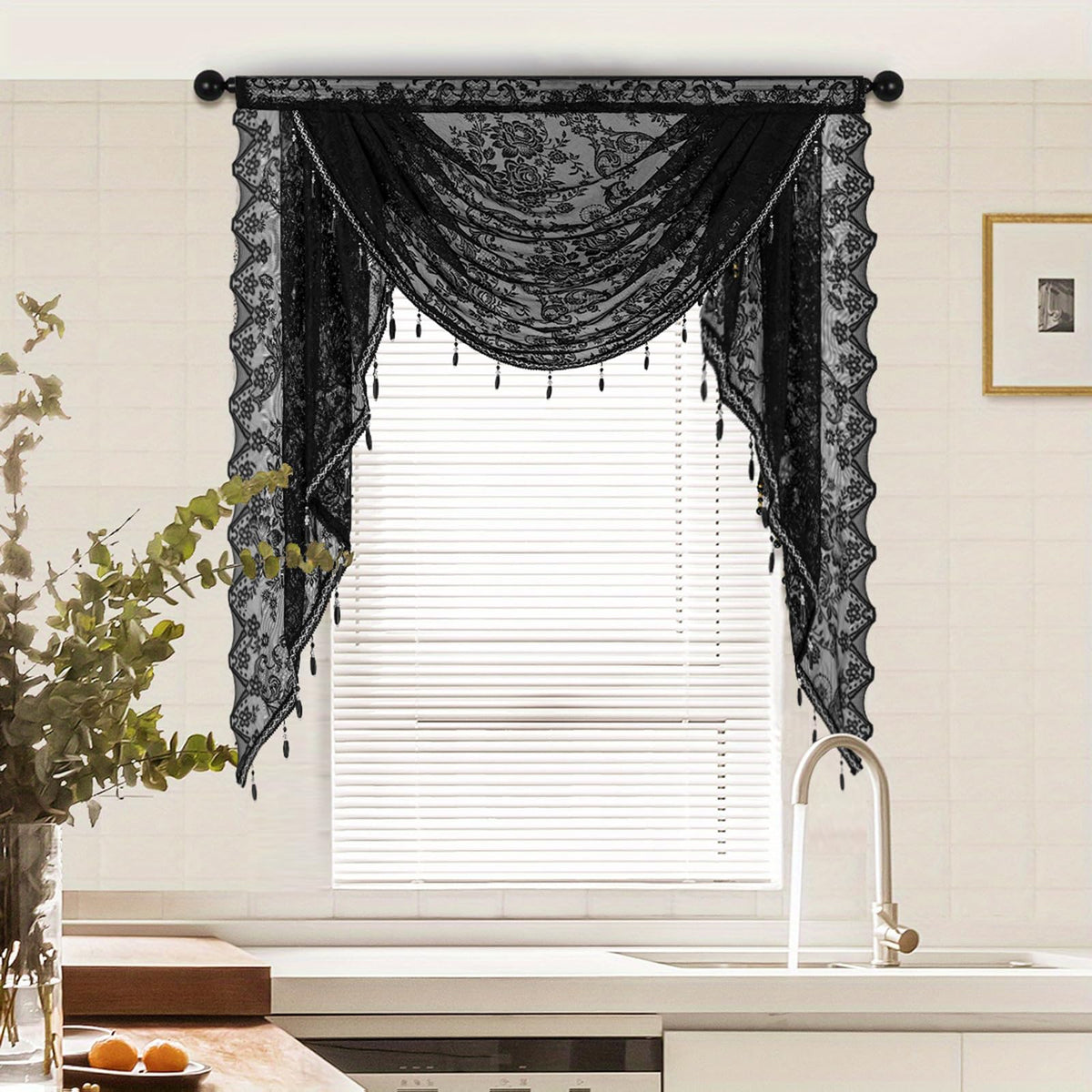 Huierxun black sheer lace valance with bead tassels for elegant window decor