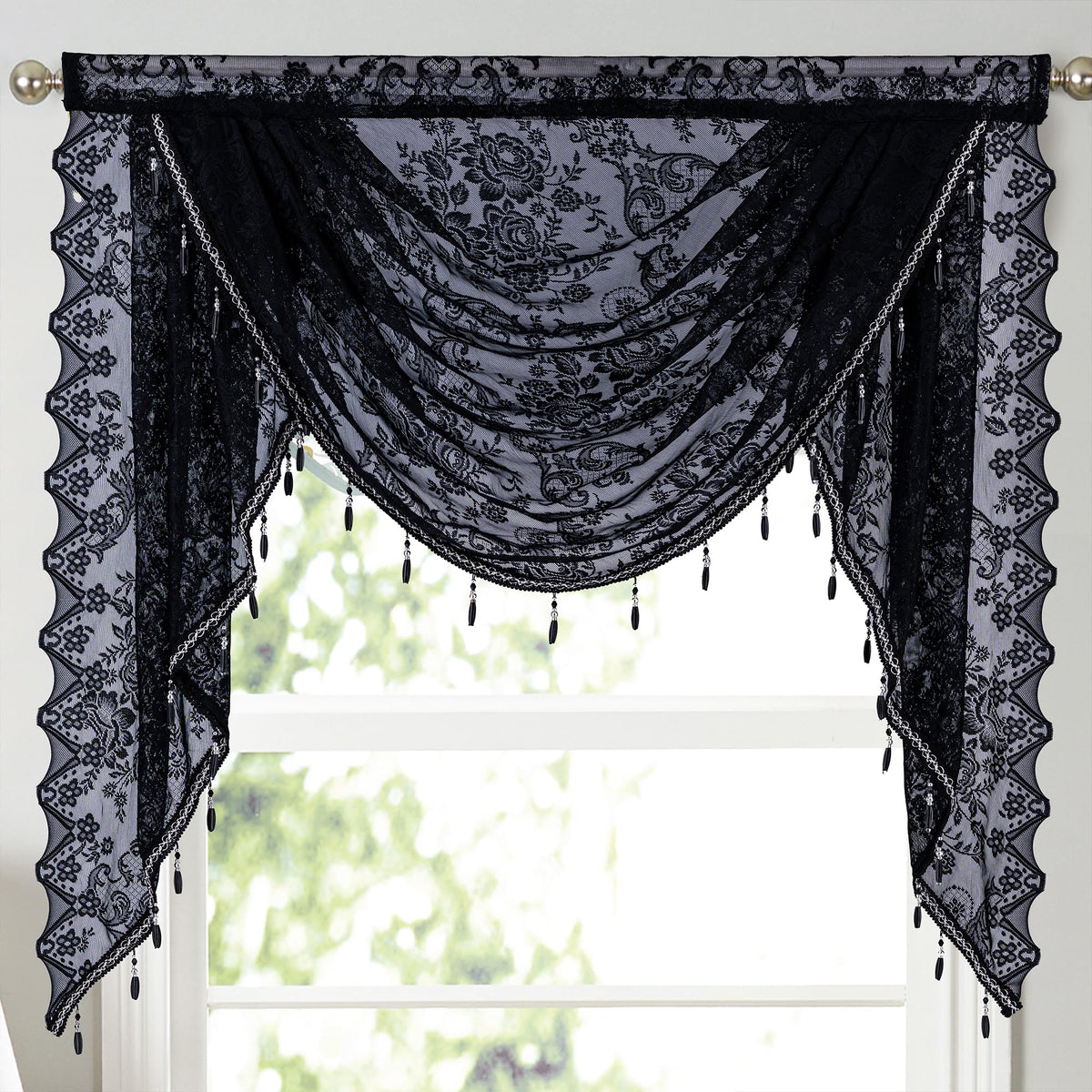 Huierxun floral embroidered lace valance detail adds depth
