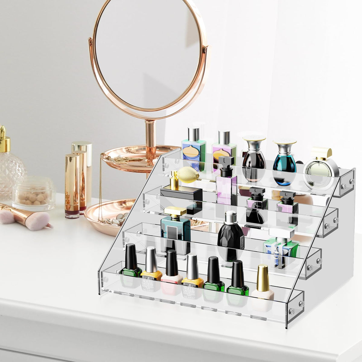 HUITAI tiered display stand maximizes space for cosmetics and collectibles.