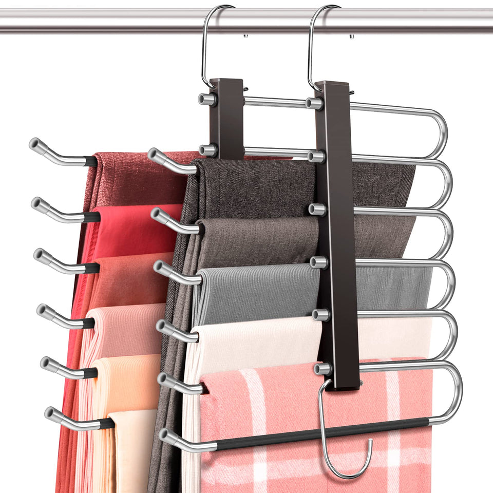 HUITEM 4-pack 6-tier pants hangers front view highlights space-saving design