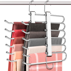 HUITEM four-pack six-tier space-saving pants hanger in a neat closet for maximum space.