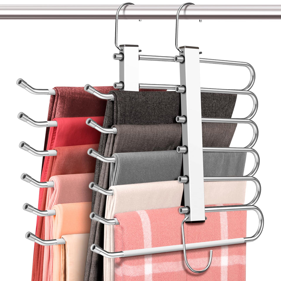 HUITEM four-pack six-tier space-saving pants hanger in a neat closet for maximum space.