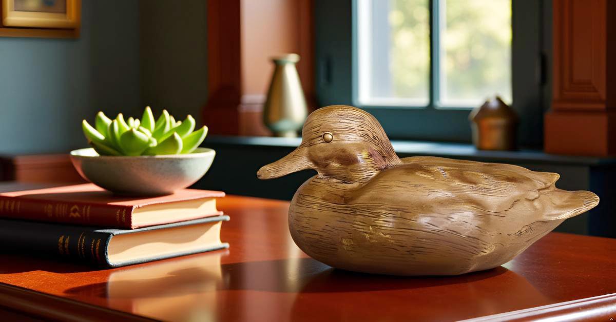 Huitony duck sculpture brightens living room shelves with lifelike texture.