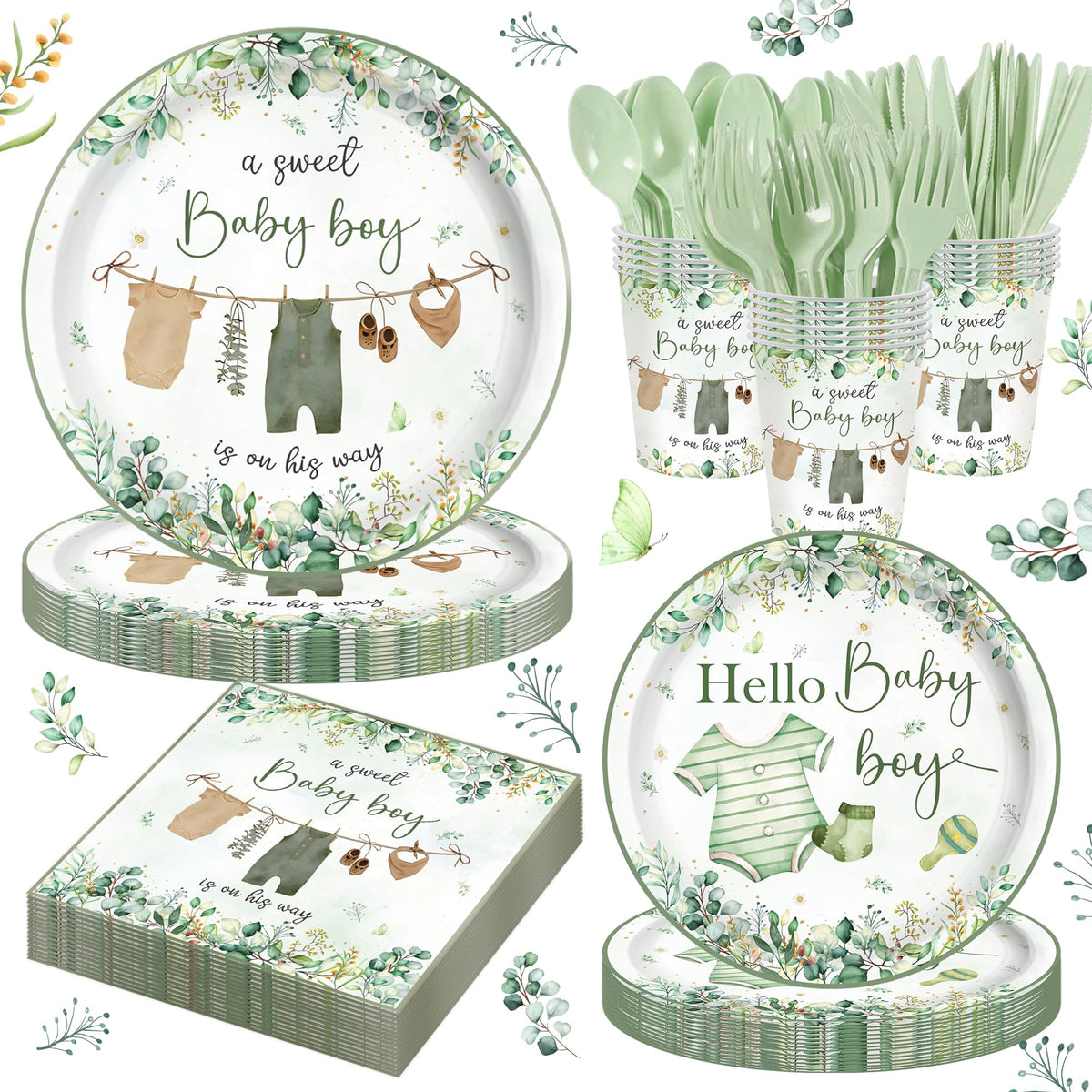 HUIYANFSY 140pcs greenery tableware with eucalyptus pattern for a festive baby shower