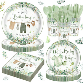 HUIYANFSY 140pcs greenery tableware with eucalyptus pattern for a festive baby shower