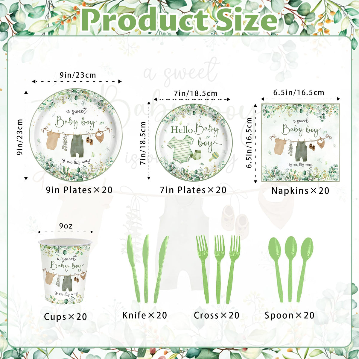 HUIYANFSY eucalyptus-pattern plates and cups elevate a vibrant baby shower table