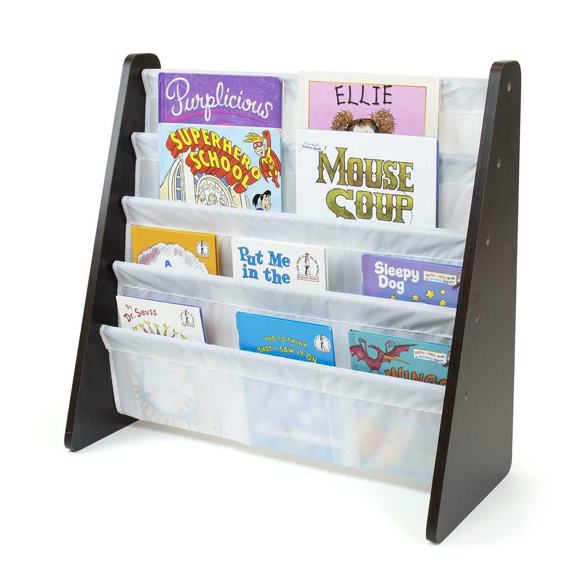 Humble Crew 4-tier toddler bookcase in espresso white for easy access to stories.