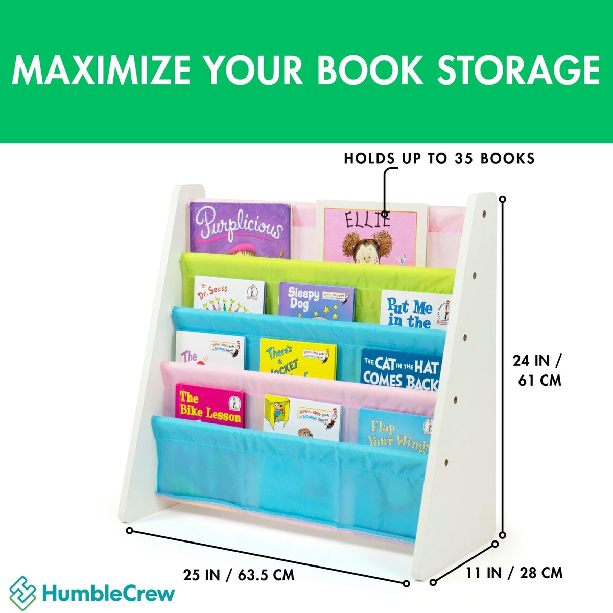 Humble Crew toddler sling book rack with deep sleeves for quick returns