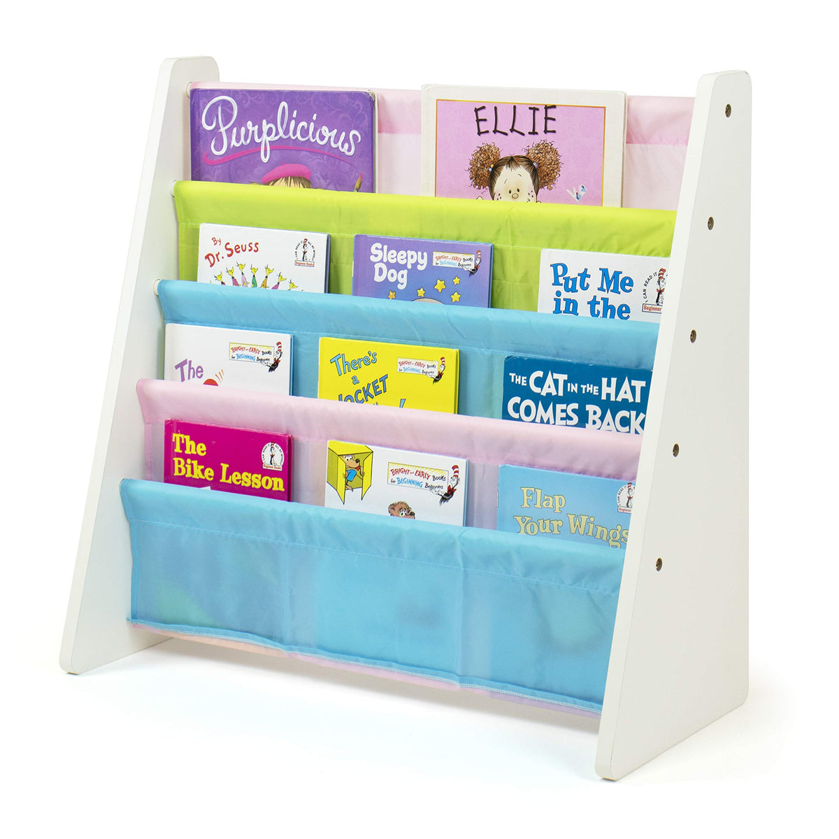 Humble Crew white wood pastel bookshelf showcases covers for easy picking
