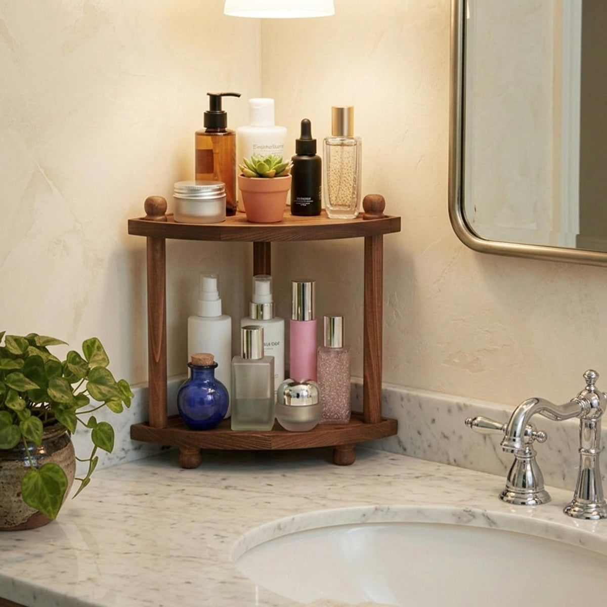 Humskur solid wood vanity shelf with rustic finish for makeup and jewelry organization.