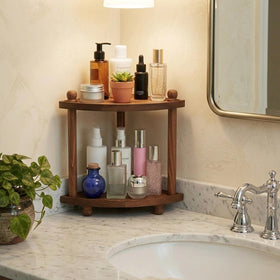 Humskur solid wood vanity shelf with rustic finish for makeup and jewelry organization.