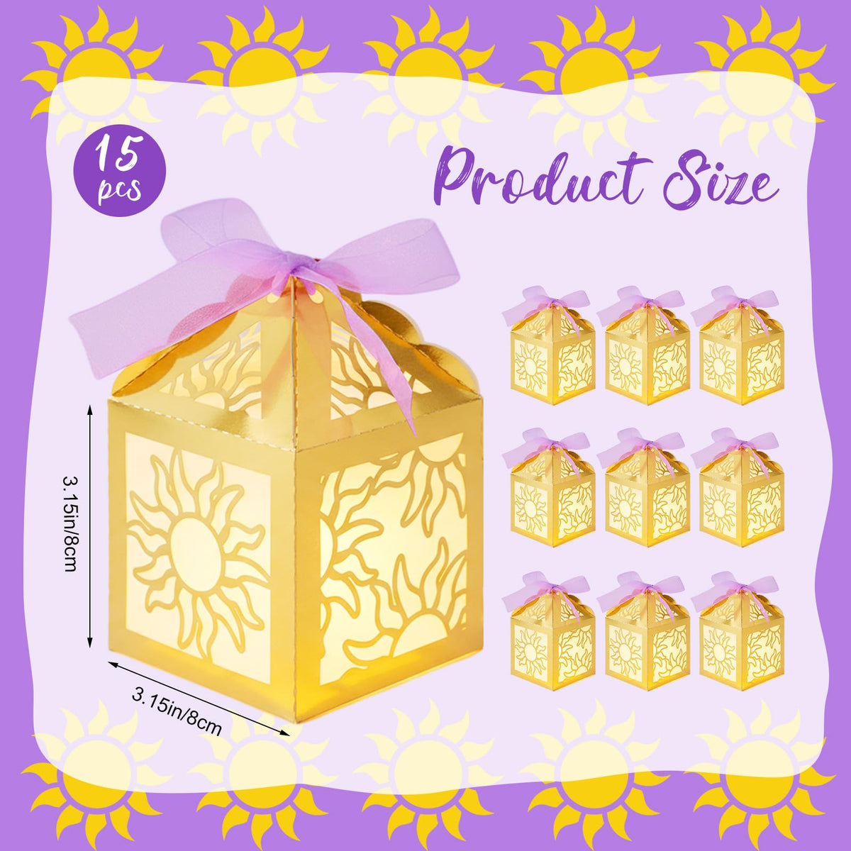 Humyoun gift boxes with sun theme are ready for party favors.