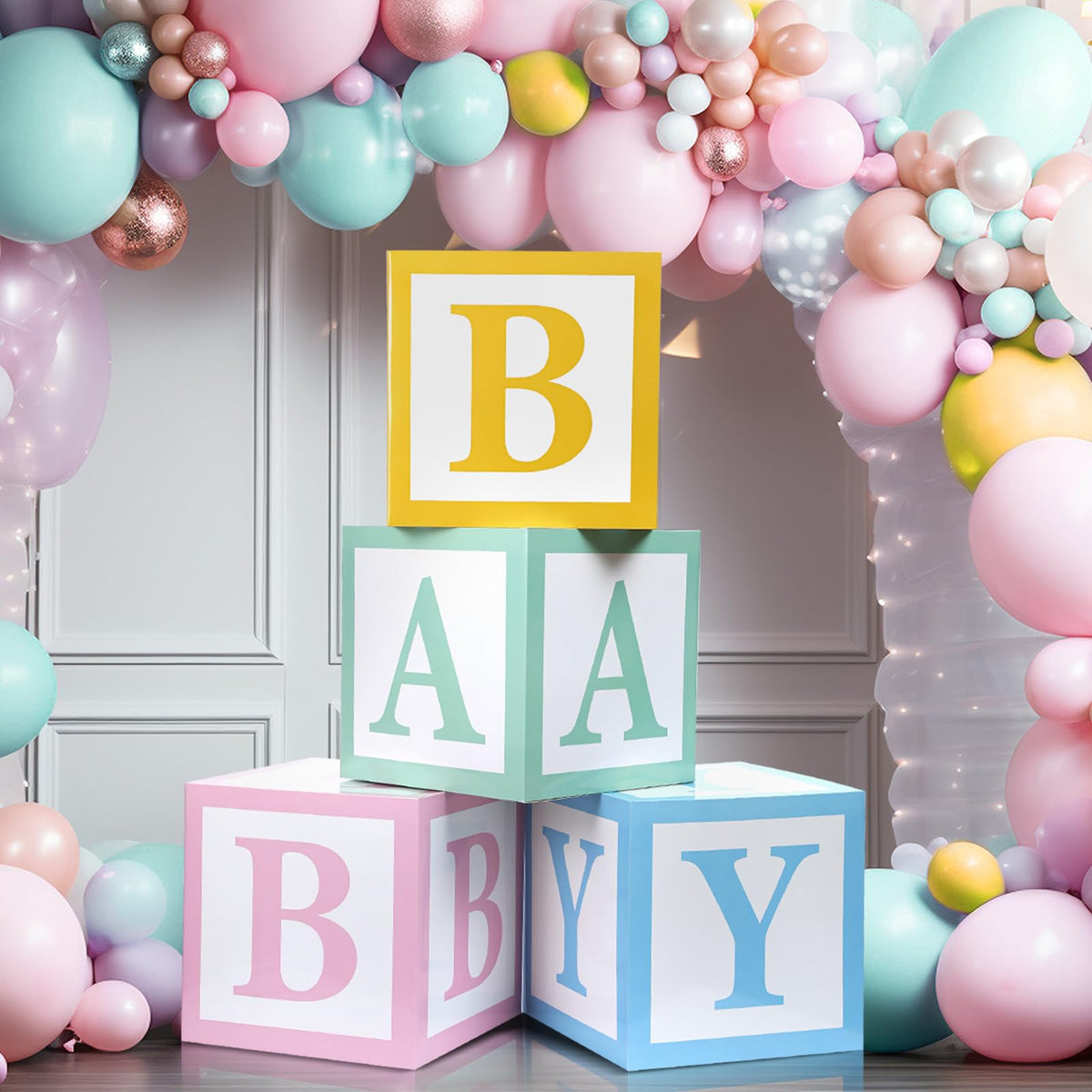 Humyoun rainbow candy boxes for baby shower display and party favors.