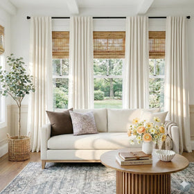 Hundred Percent Blackout Shield linen-look fabric enhances a vintage, elegant aesthetic.