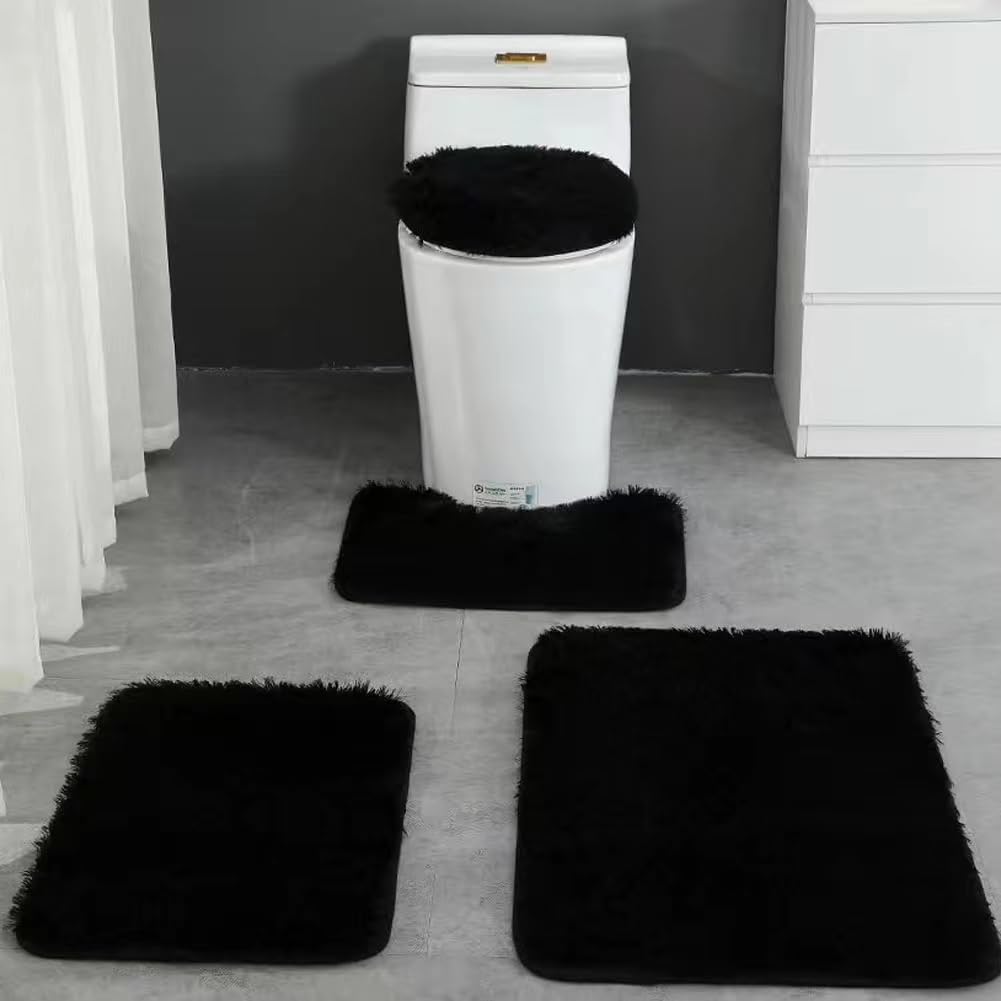 Huniupore 4pc bathroom rug set non-slip black keeps floors dry and safe.