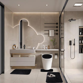 Huniupore bathroom rug set black coordinates with decor and floors.