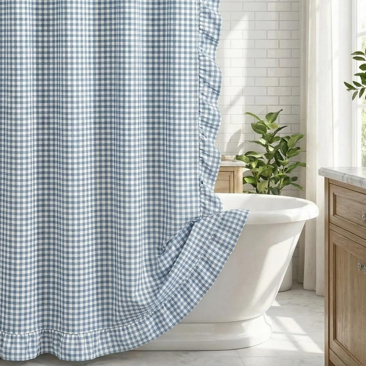 HunnmingRe bath curtain in dust blue gingham enhances rustic farmhouse style with vintage charm.