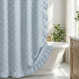 HunnmingRe bath curtain in dust blue gingham enhances rustic farmhouse style with vintage charm.