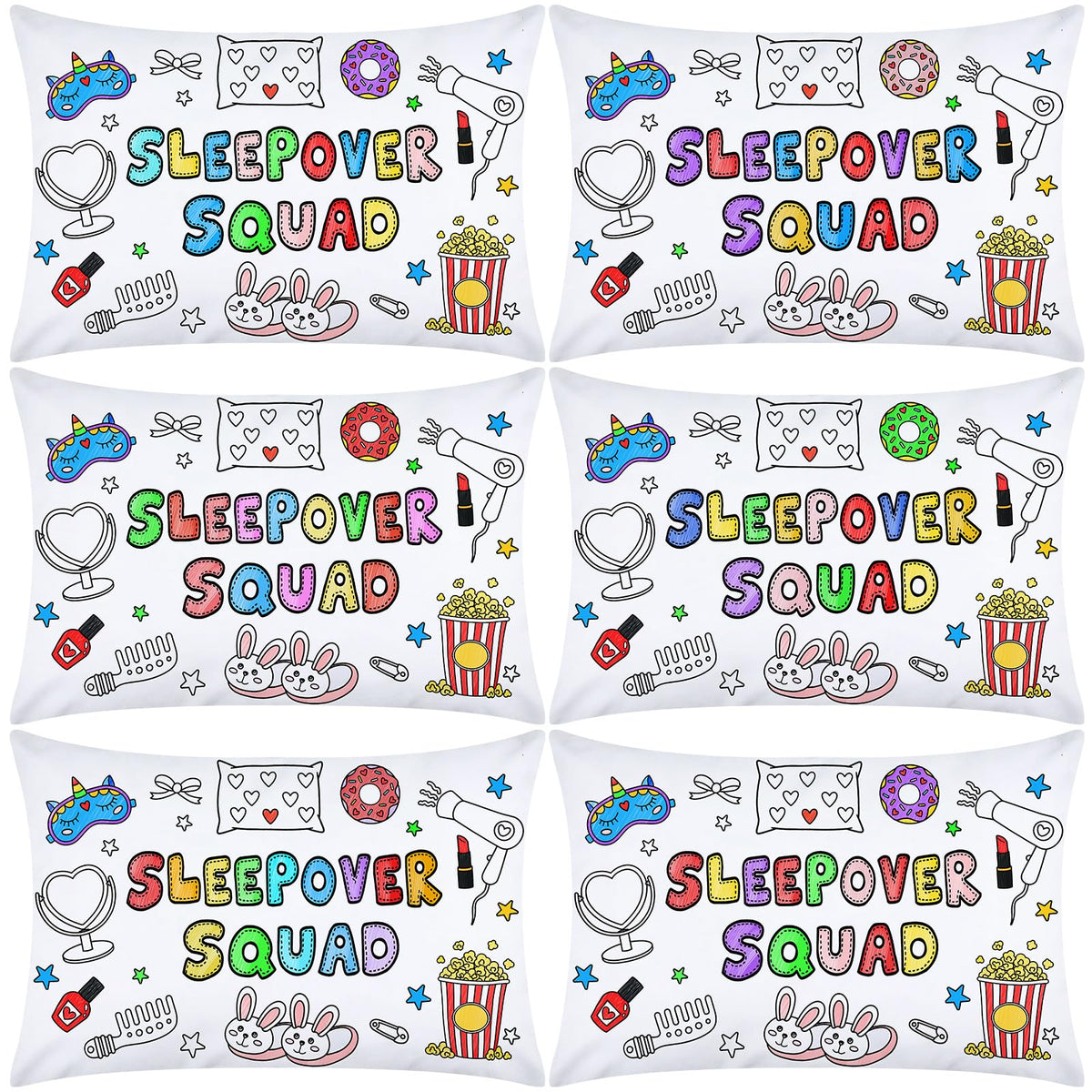 HunnmingRe Sleepover Squad pillowcase with bold text, ideal for themed parties