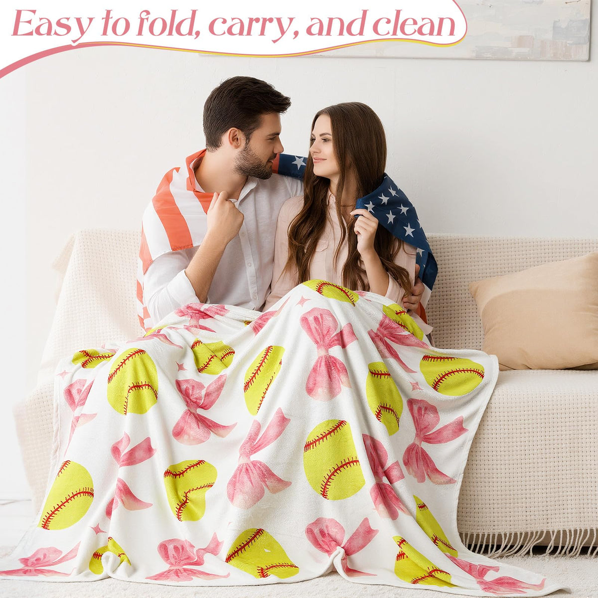 HunnmingRe softball blanket on sofa enhances room decor and team spirit.