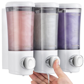 Huotdy Suntys 3-chamber dispenser front view for organized bathroom storage and easy refills.