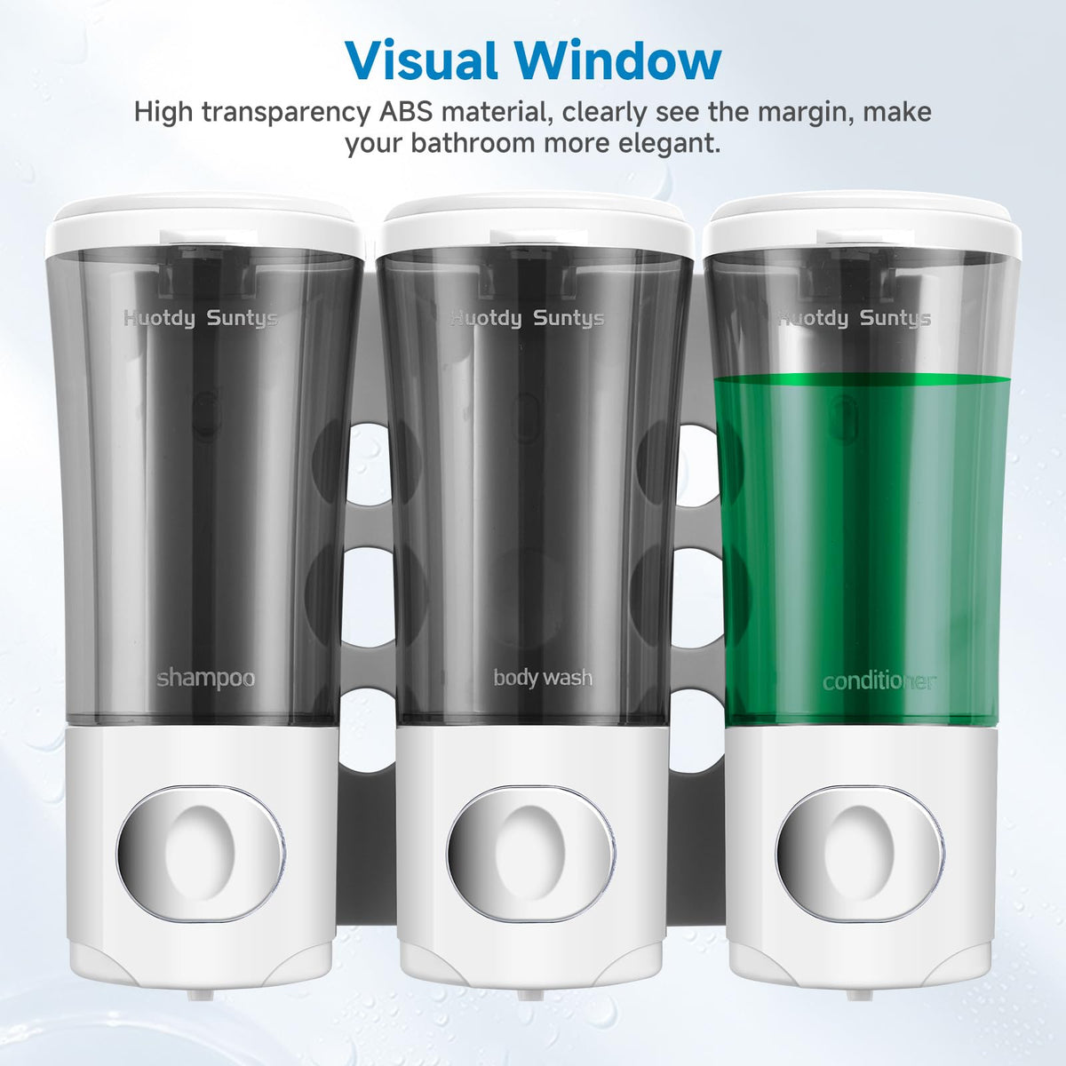 Huotdy Suntys wall-mounted dispenser in bathroom boosts organized shower routines.