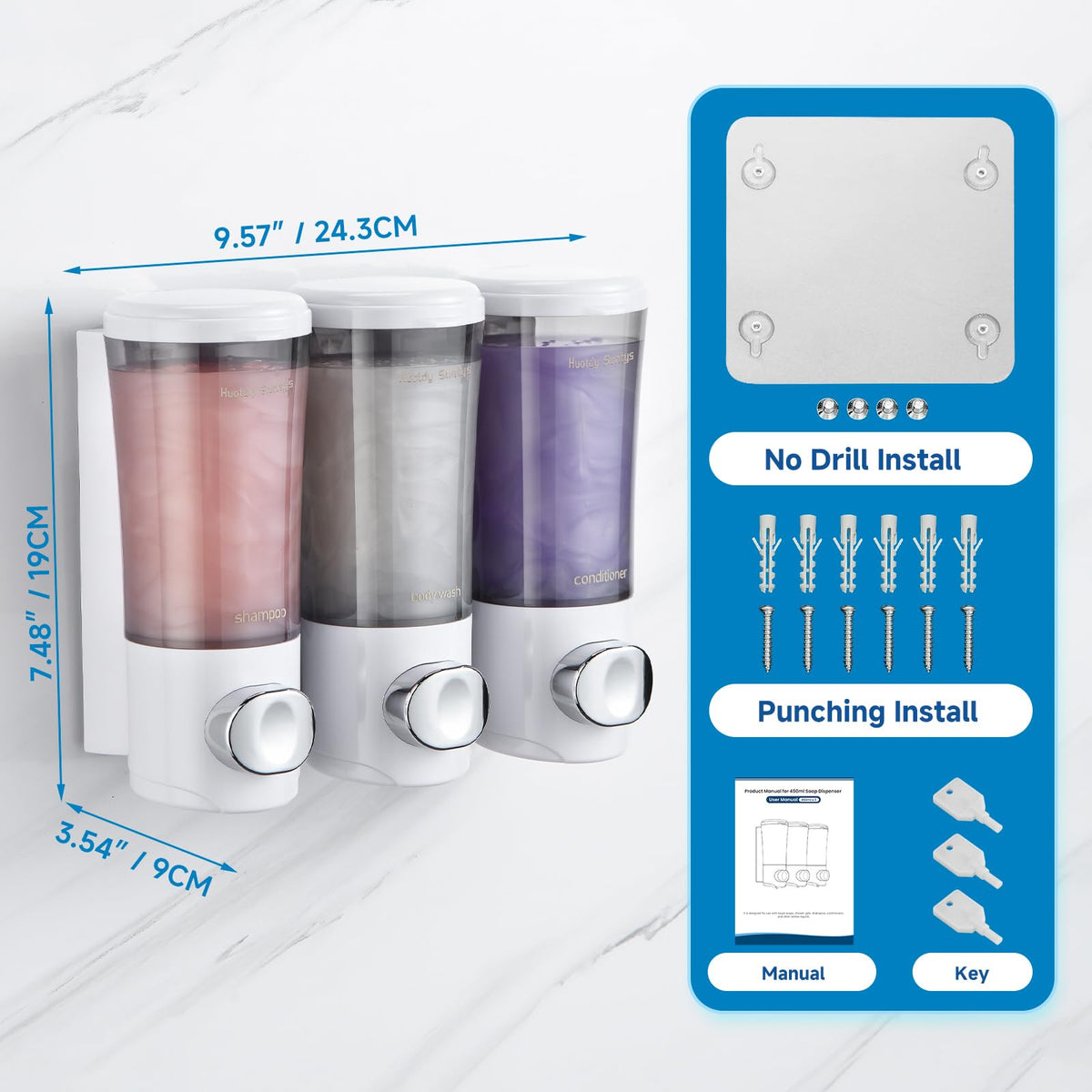 Huotdy Suntys shower dispenser top view showcases compact design and accessible pump.