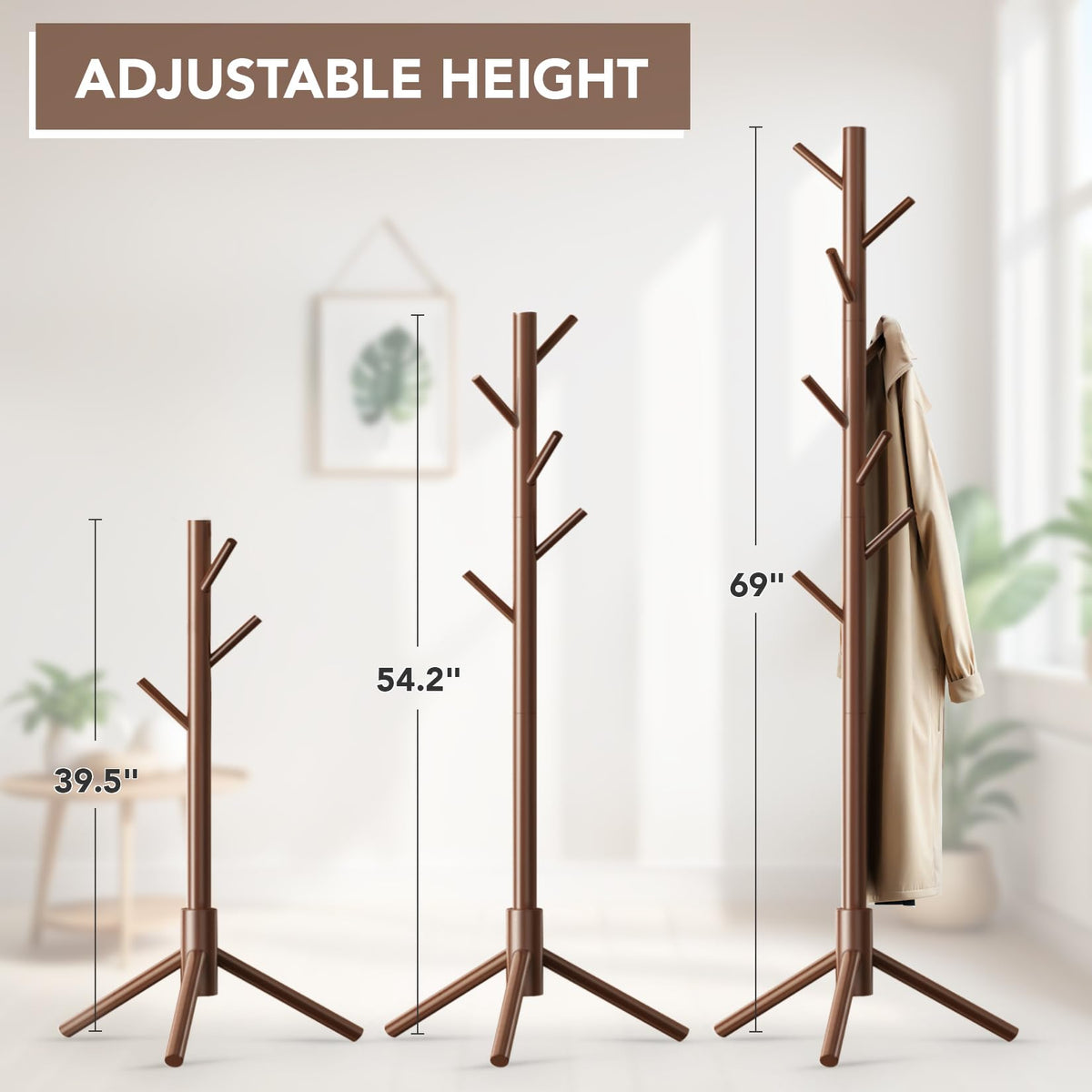 Hupmad wooden tree coat rack adjustable height adapts to family needs.