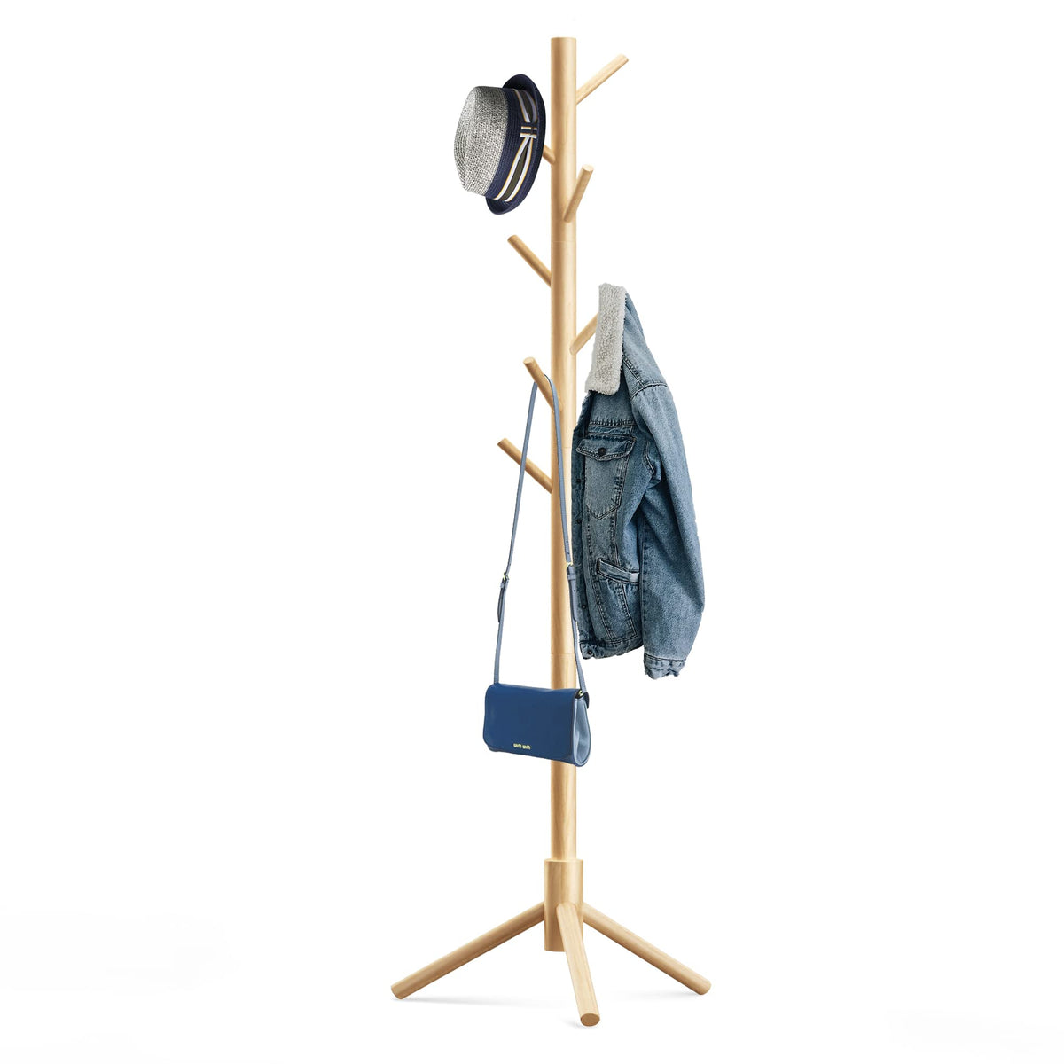 Hupmad wooden tree coat rack base showing stable triangular design for balanced hanging