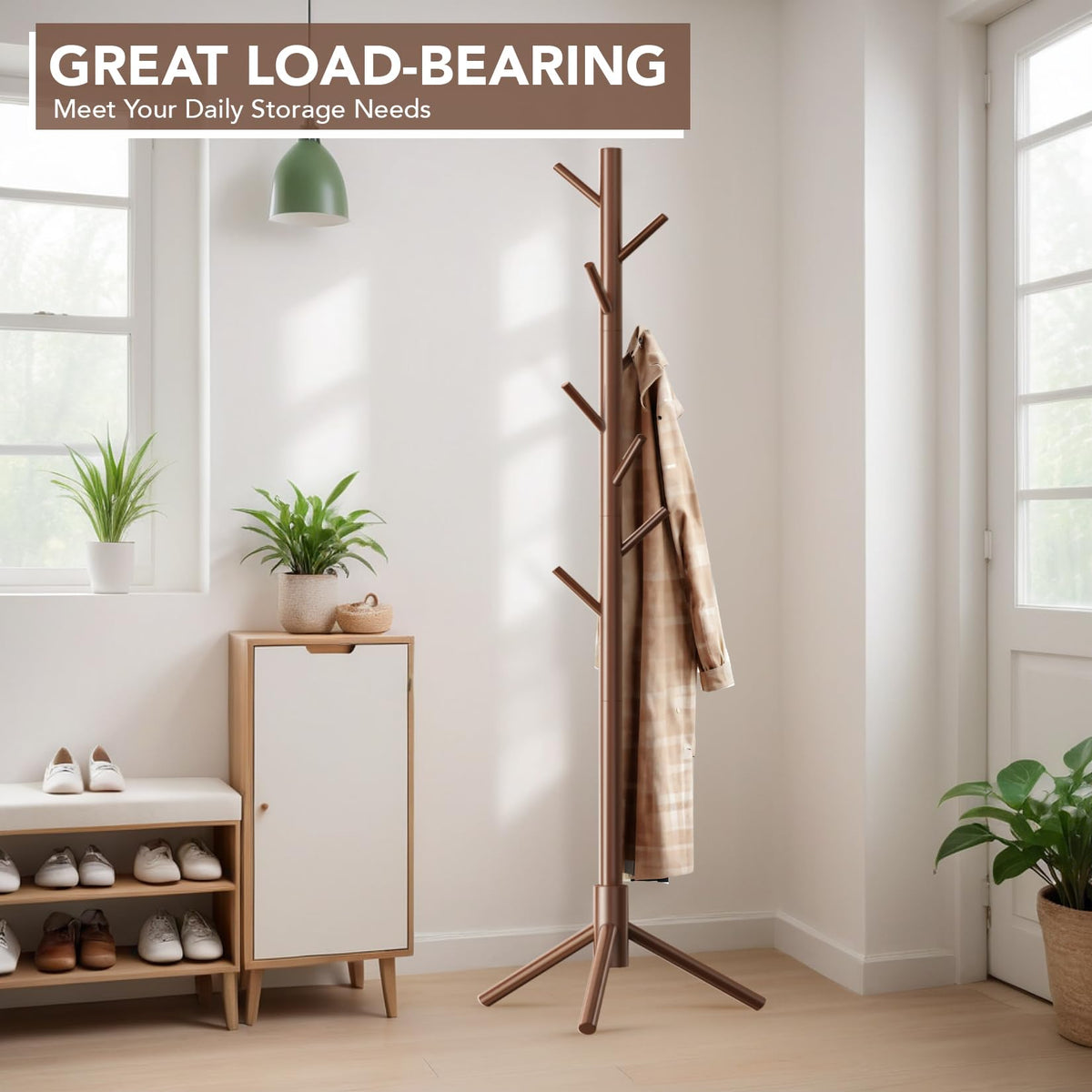 Hupmad wooden tree coat rack eight-hooks showcases ample storage space.