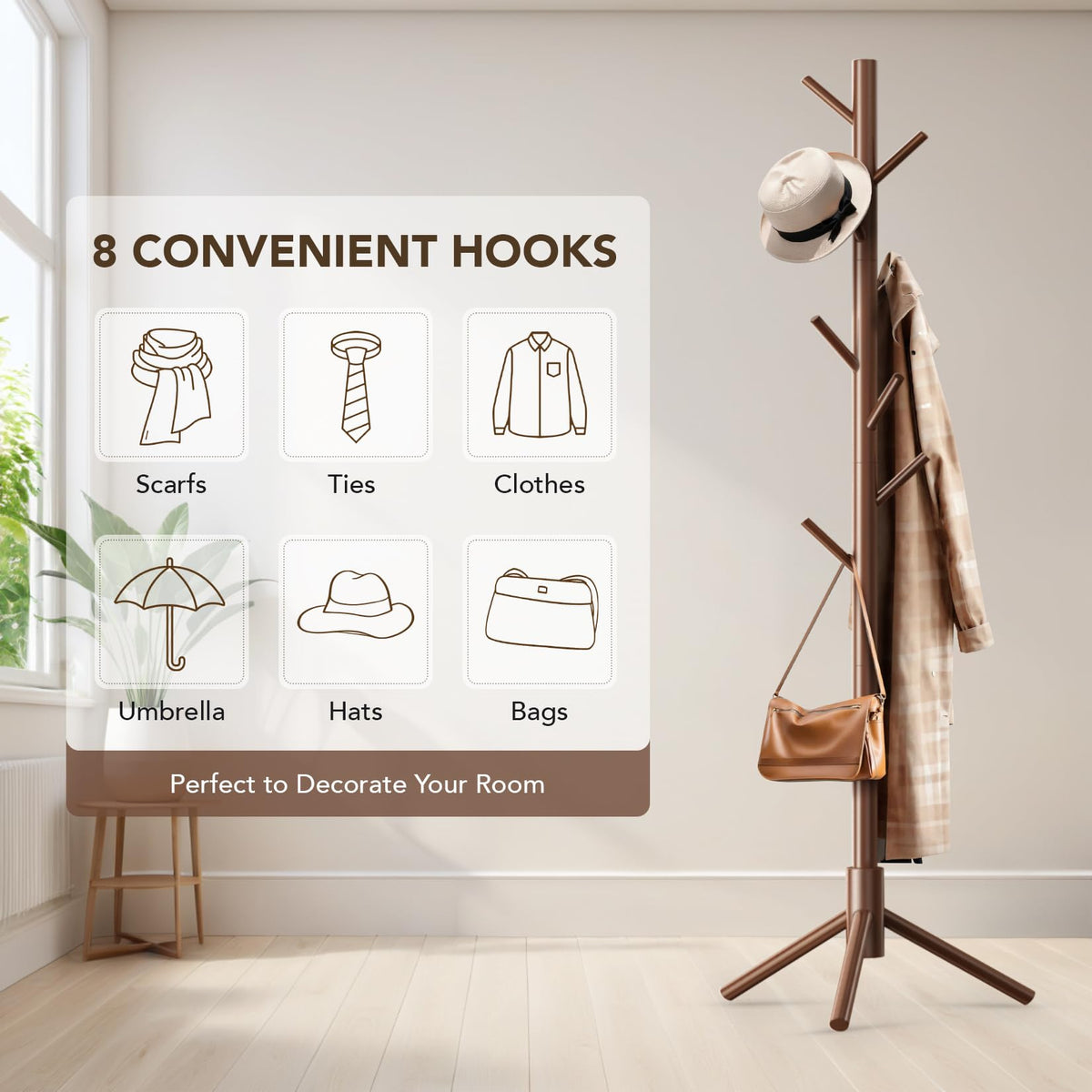 Hupmad wooden tree coat rack entryway use fits coats and bags.