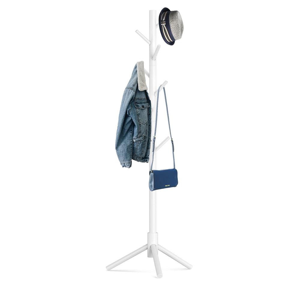 Hupmad wooden tree coat rack stand assembly for quick, tool-free setup and organization.