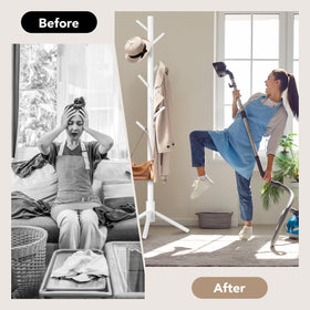 Hupmad wooden tree coat rack stand eight-hook capacity helps organize.