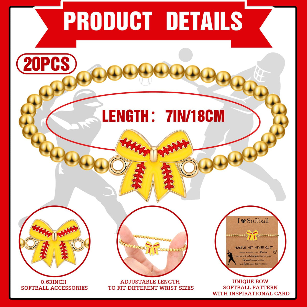 Huquary softball bow accessory close-up with sparkling gold beads