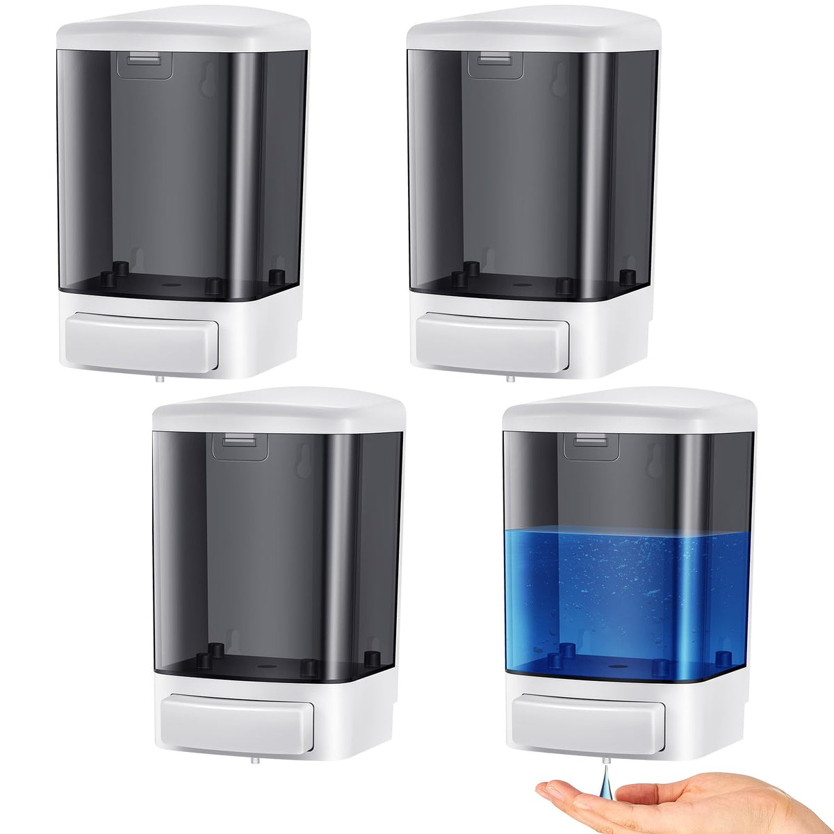 Hushee 4-pack wall-mounted soap dispenser front view for convenient shared use.