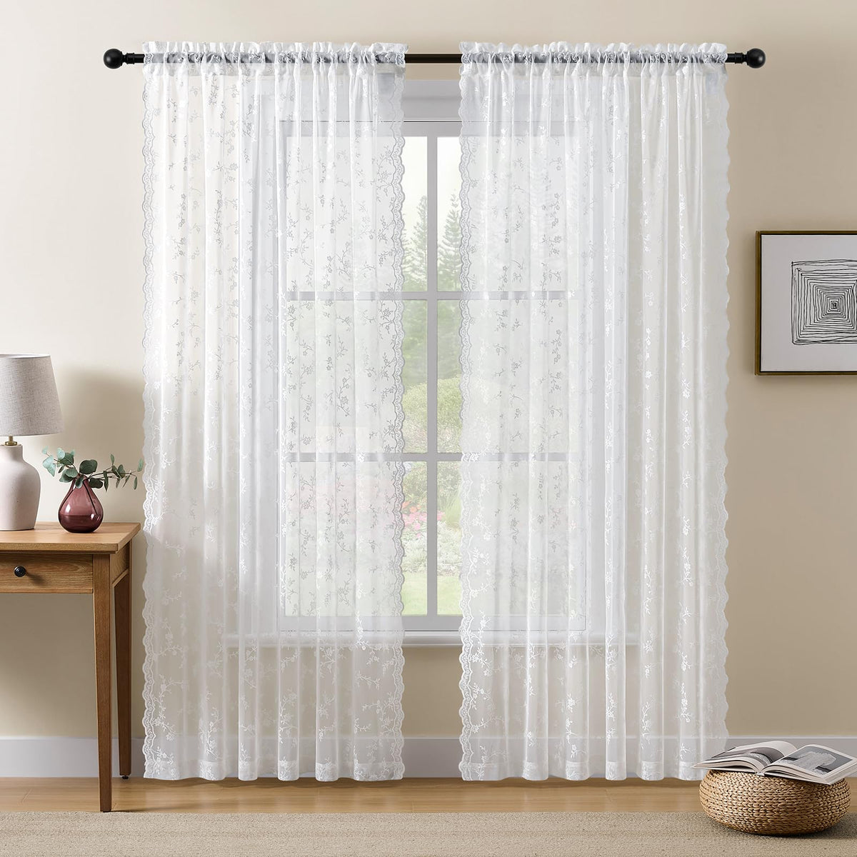 HushLoom branch-pattern lace curtain close-up 84-inch white panels for soft light filtering.