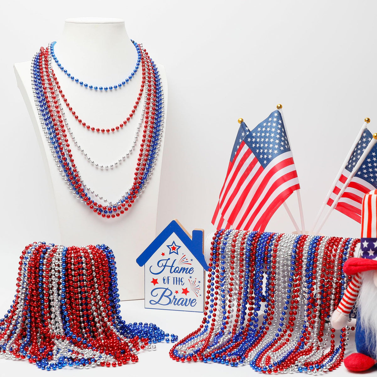 Huskein beads closeup metallic plastic red-silver-blue for bold patriotic style