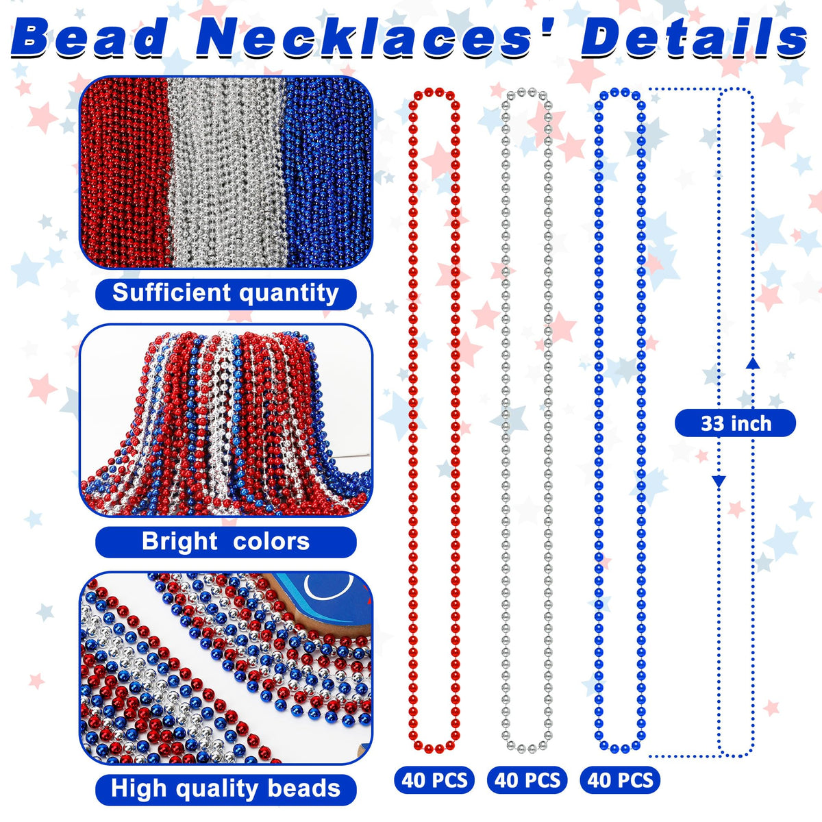Huskein long patriotic necklace 33inch metallic beads for vibrant Fourth of July outfits