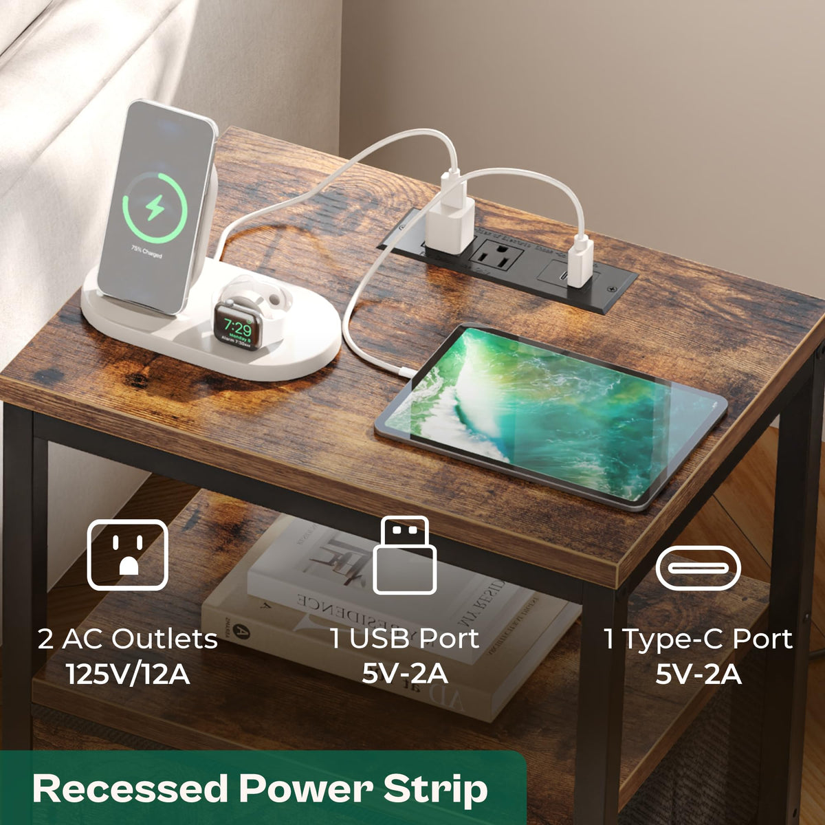 Huuger bedside table highlighting USB ports and outlets for device power.