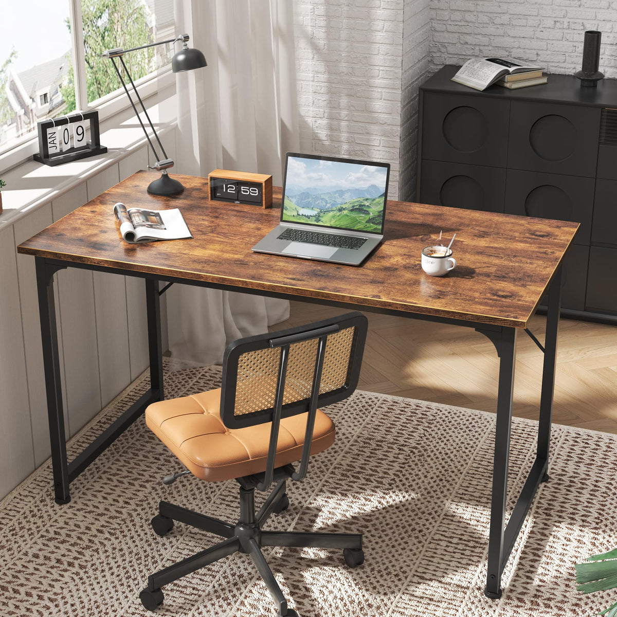 Huuger desk in warm rustic brown adds warmth to spaces