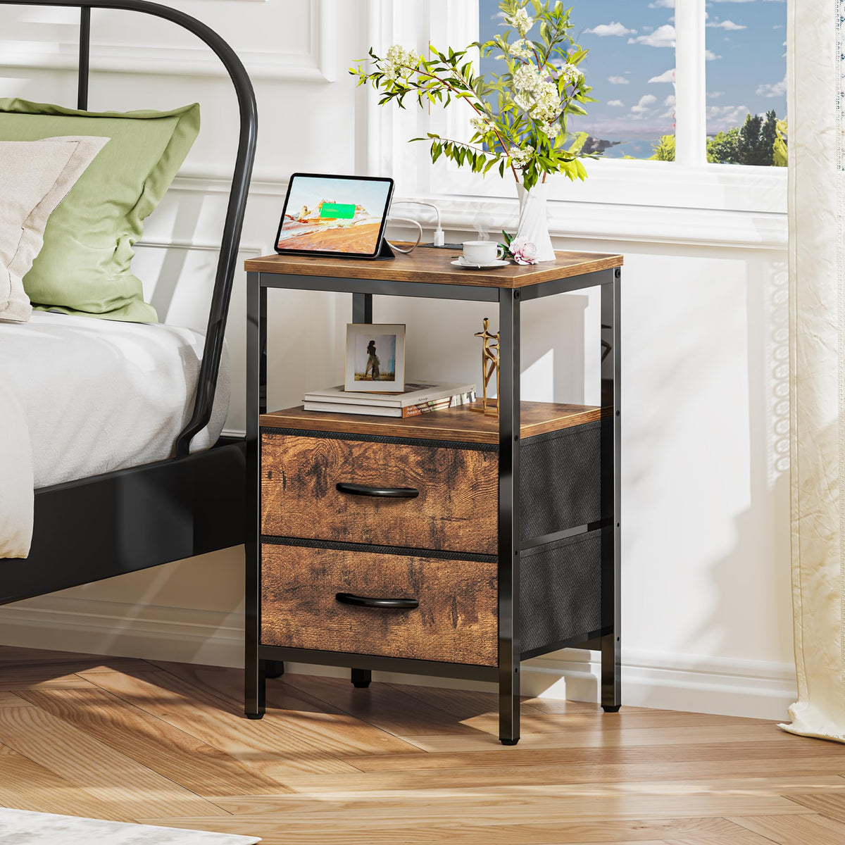 Huuger end table showing an open shelf design for easy access storage.