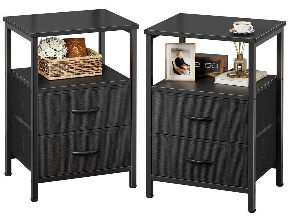 Huuger night stand with fabric drawers for organized bedside storage.