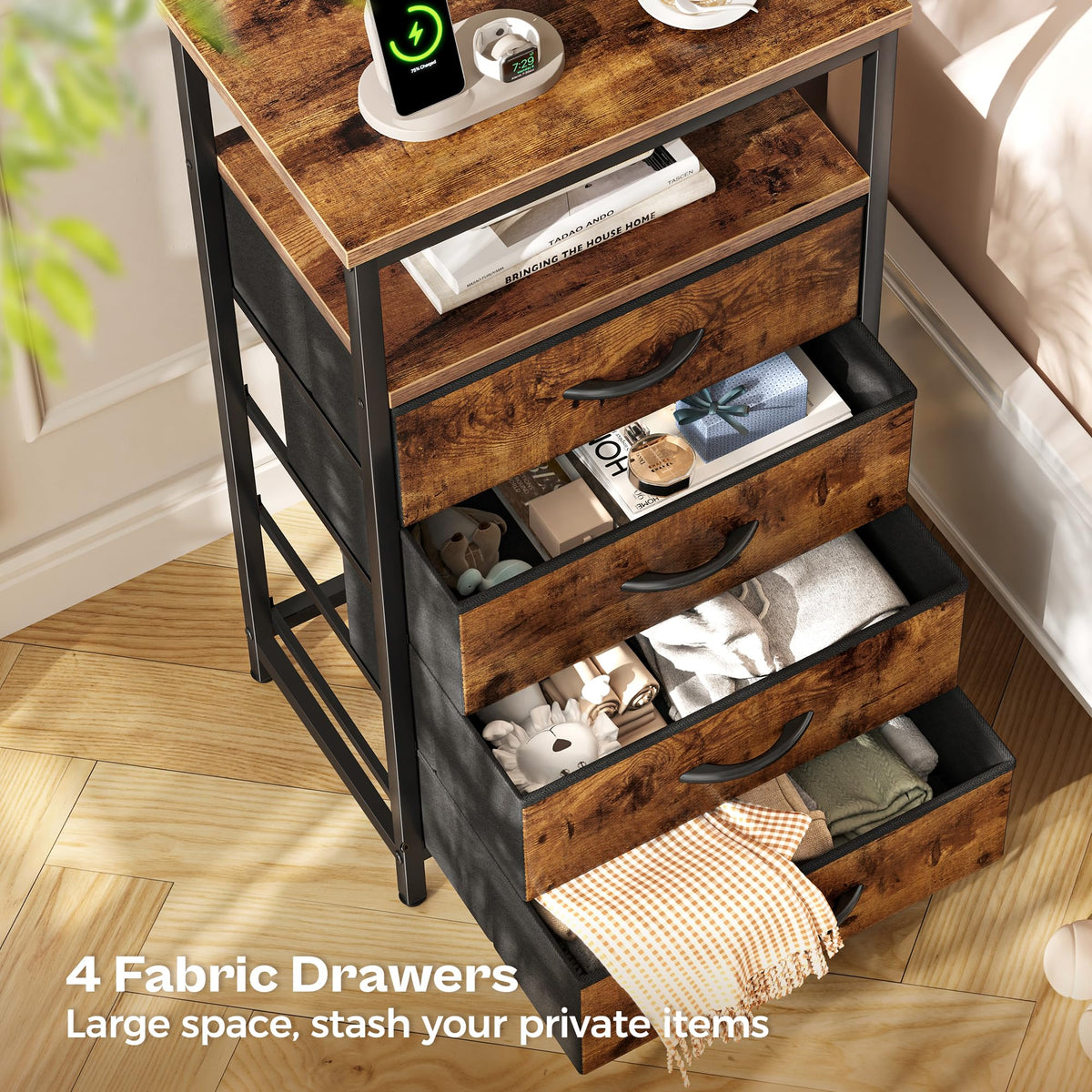 Huuger bedroom storage helps reduce clutter and maximize surface space.