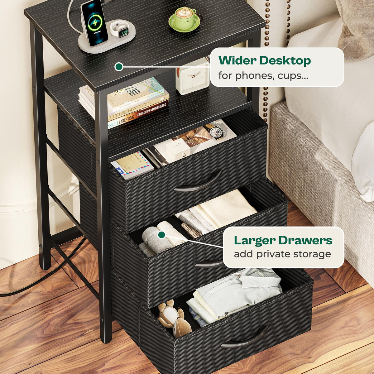 Huuger night stand black finish complements modern bedrooms.