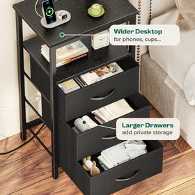 Huuger night stand black finish complements modern bedrooms.