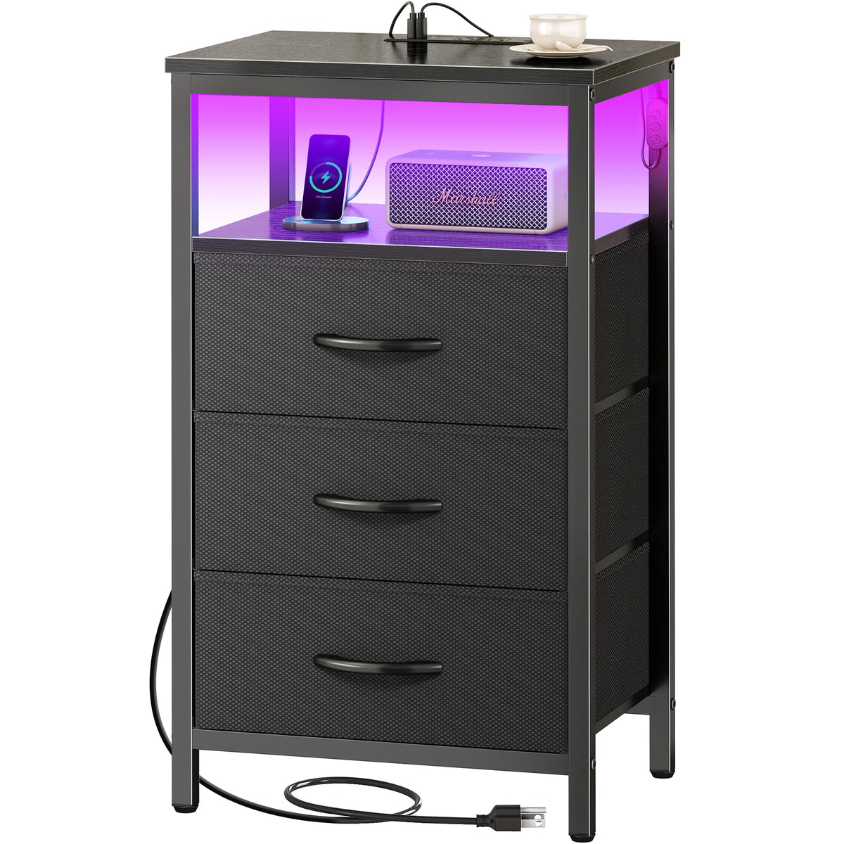 Huuger night stand with charging station beside the bed offering multiple ports.