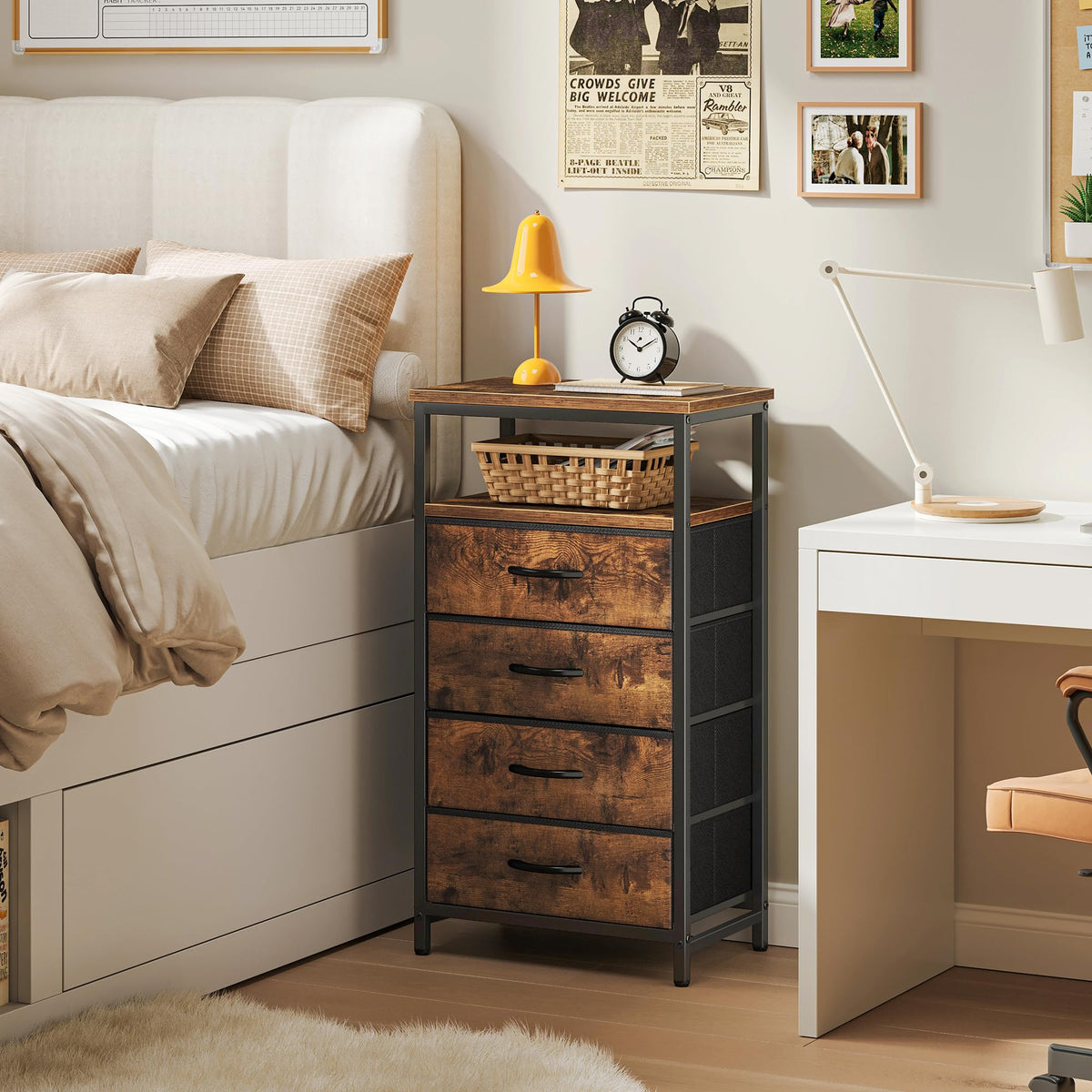 Huuger four-drawer dresser providing organized storage for clothes and accessories.
