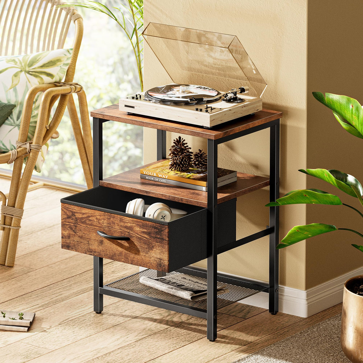 Huuger night stand with metal frame highlighting sturdy daily durability