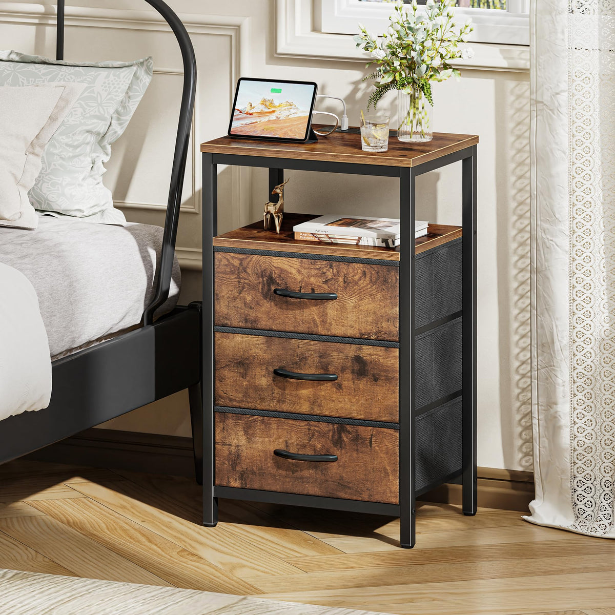 Huuger nightstand 27-6-inch height — easy reach for remotes and books.